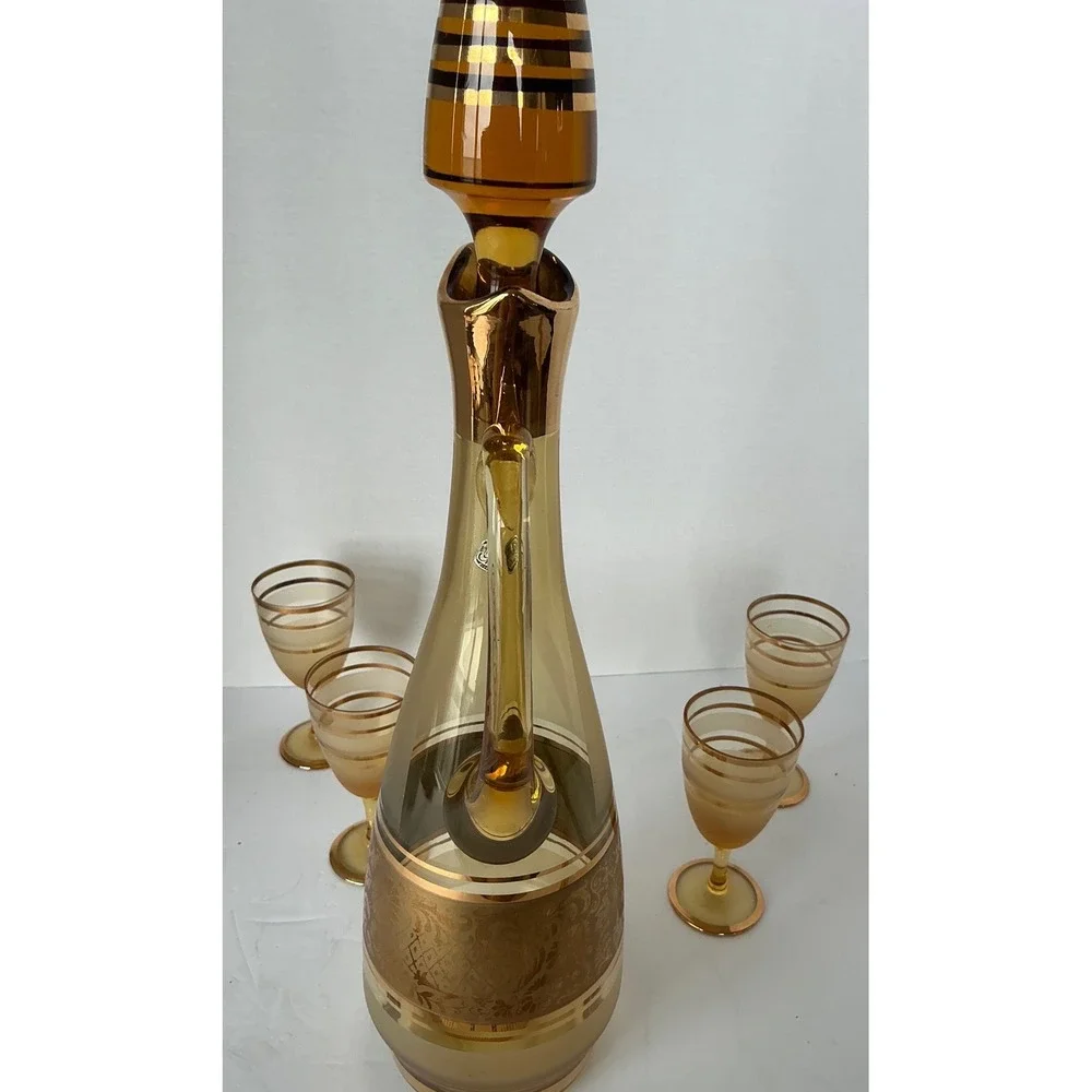 Bohemia‎ Crystal Vintage Amber Glass Decanter Set Gold Encrusted Floral 5pc MCM